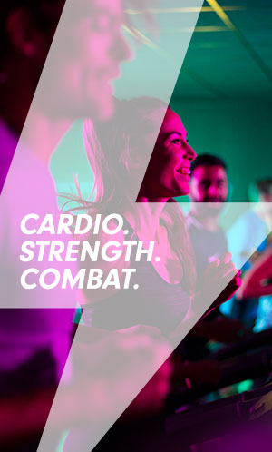 3 people running on treadmills behind the Blaze lightning logo displaying the words cardio, strength, combat.